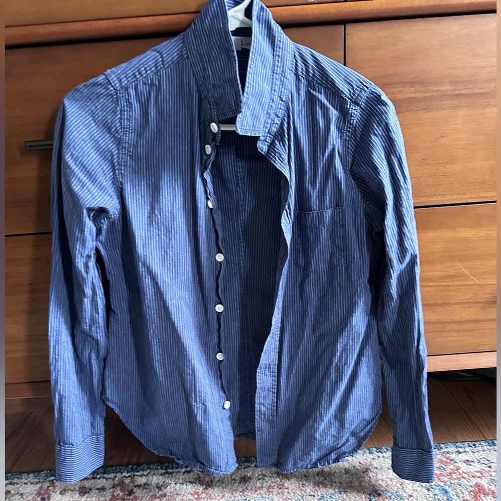 Alex Mill Navy Pinstripe Button-Down Shirt, cotton and linen, size S